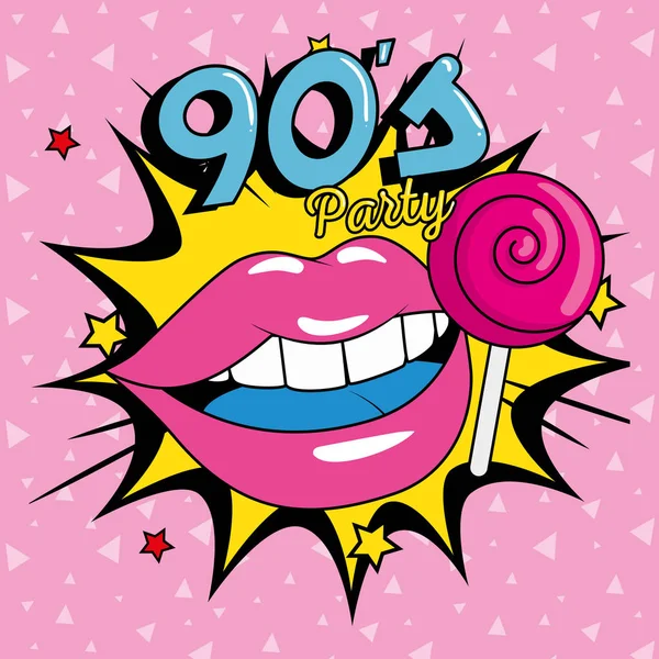 Poster van feest met lippen en lolly van de jaren negentig — Stockvector