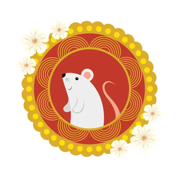 Rata de roedor lindo con marco circular chino — Vector de stock