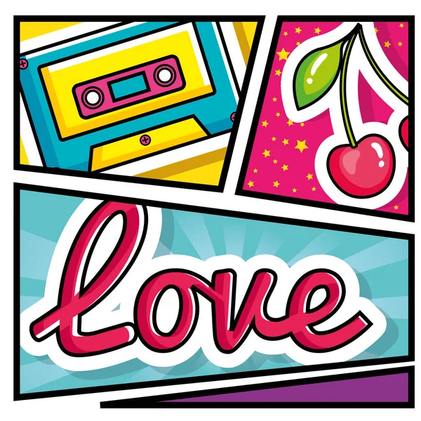 Música cassete com cerejas e amor lettering estilo pop art — Vetor de Stock