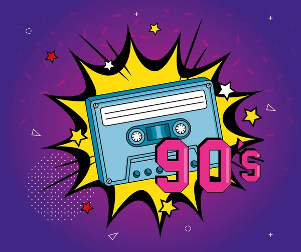 Cassette van de jaren negentig in explosie pop art stijl — Stockvector