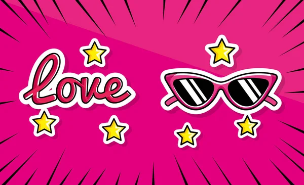 Gafas de sol con letras de amor y estrellas pop art style — Archivo Imágenes Vectoriales