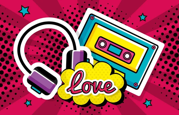Kassettenmusik mit Headset und Liebe Schriftzug Pop Art Stil — Stockvektor