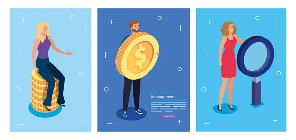 Набір плакатів фінансового менеджменту з людьми та іконами — стоковий вектор