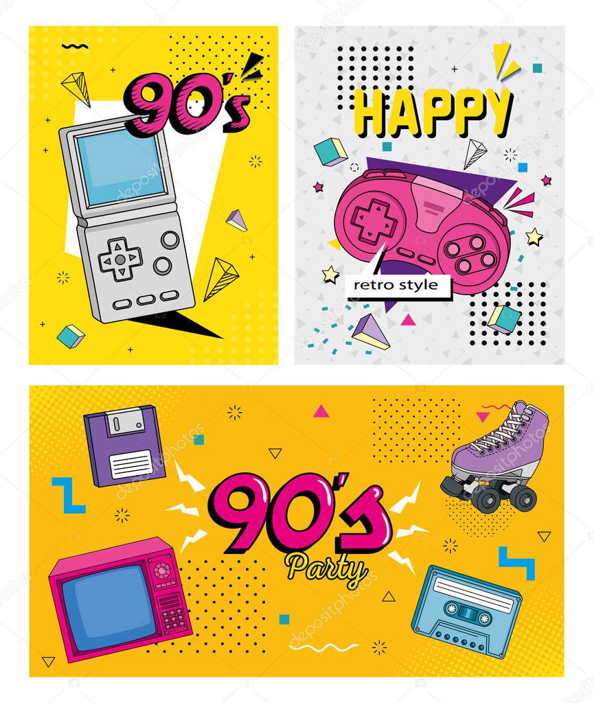set poster of nineties retro style with icons