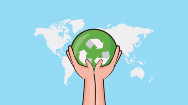 Eco amigável animação ambiental com mãos levantando símbolo de reciclagem — Vídeo de Stock