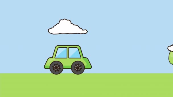 Экологическая анимация с экологическим автомобилем в ландшафте — стоковое видео