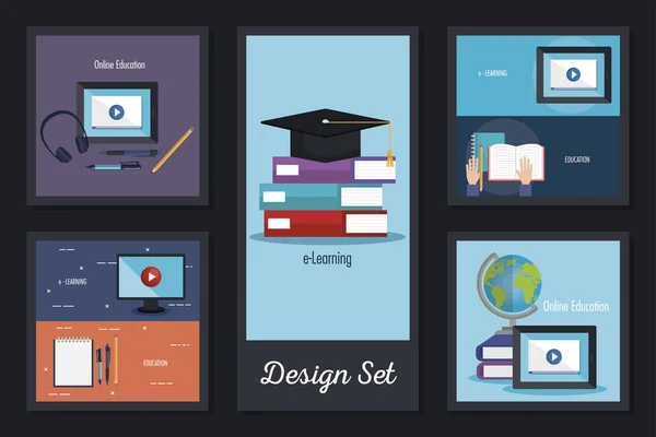 Desenhos conjunto de educação on-line com ícones — Vetor de Stock