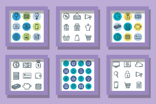 Bundel pictogrammen van winkelen met zakelijke en cyber security — Stockvector