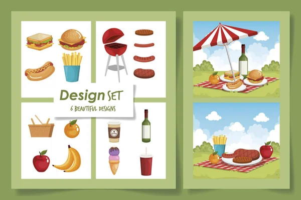 Six designs of picnic scenes and delicious food — Stock Vector