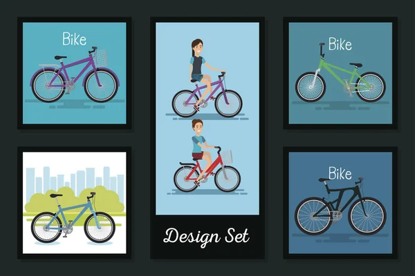 Diseños conjunto de jóvenes y bicicletas — Vector de stock