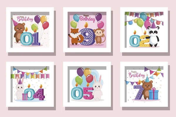 Bundle di carte buon compleanno con simpatici animali e decorazione — Vettoriale Stock