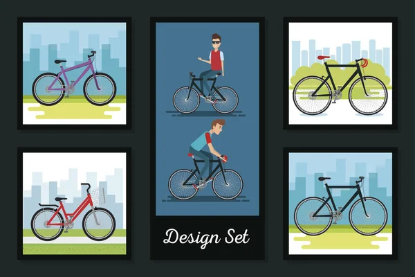 Designs set of young people and bikes — Stock Vector