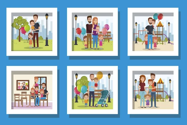 Paquet de mignon famille dans différents endroits — Image vectorielle