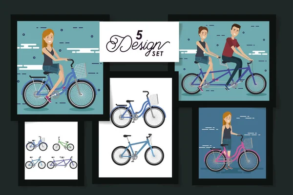 Cinco desenhos de jovens e bicicletas —  Vetores de Stock