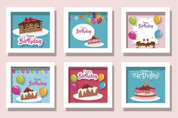 Bundle of cards happy birthday with delicious food and decoration — 스톡 벡터