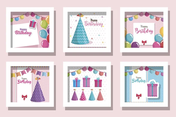 Bundle di carte buon compleanno e decorazione — Vettoriale Stock