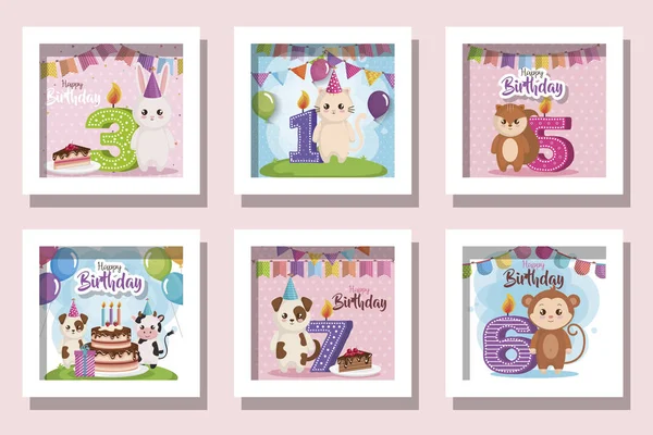 Bundle di carte buon compleanno con simpatici animali e decorazione — Vettoriale Stock