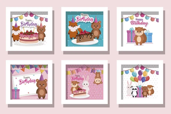 Paquet de cartes joyeux anniversaire avec des animaux mignons — Image vectorielle