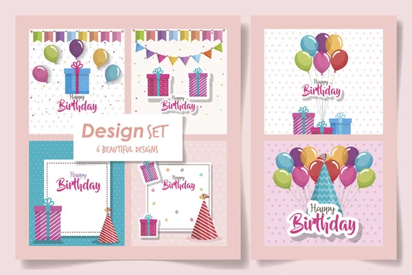 Six designs of cards happy birthday and decoration — 스톡 벡터