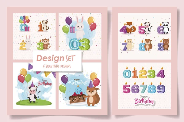 かわいい動物と幸せな誕生日のカードの6つのデザイン — ストックベクタ