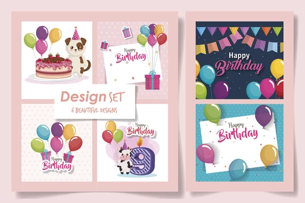 幸せな誕生日と装飾のカードの6つのデザイン — ストックベクタ