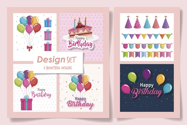 Six designs of cards happy birthday with delicious food and decoration — 스톡 벡터