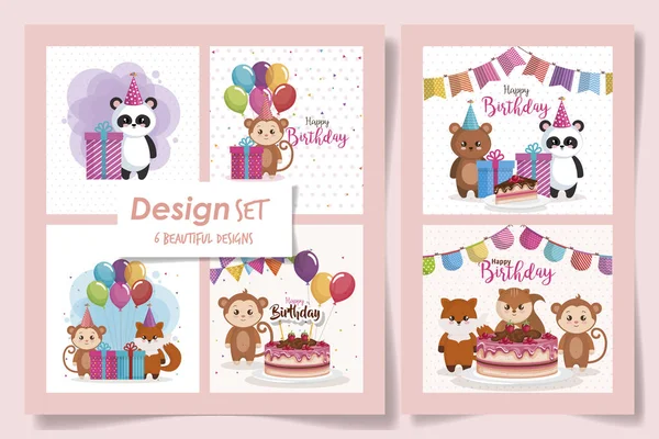 Six designs of cards happy birthday with cute animals — 스톡 벡터