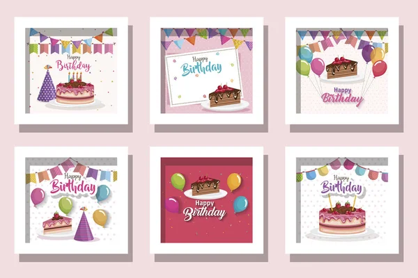 Paquete de tarjetas feliz cumpleaños con deliciosa comida y decoración — Vector de stock