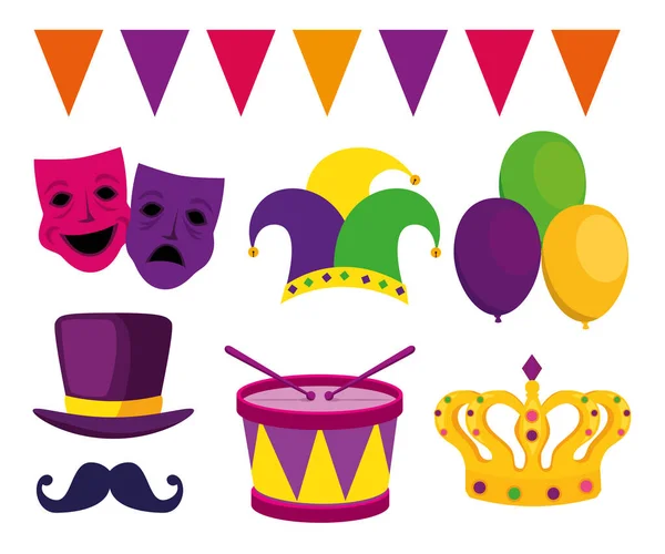 Mardi gras aislado icono conjunto de vectores de diseño — Archivo Imágenes Vectoriales