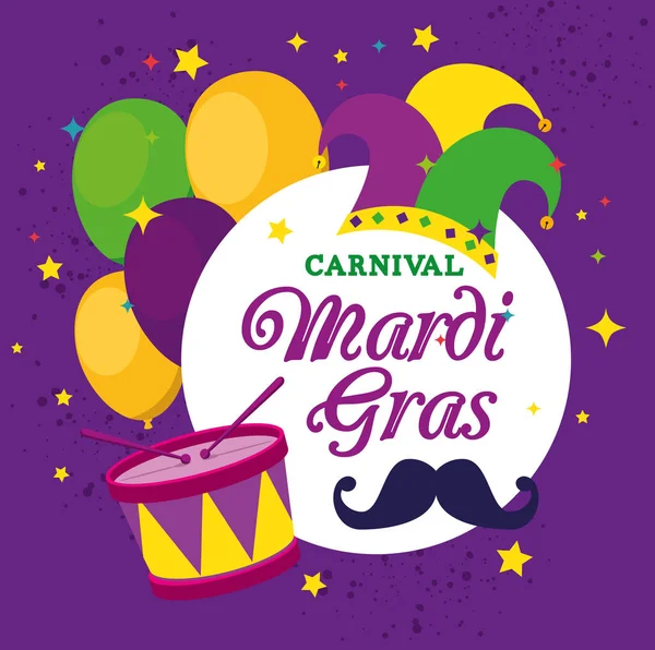 Mardi gras sombrero tambor y globos de diseño — Vector de stock