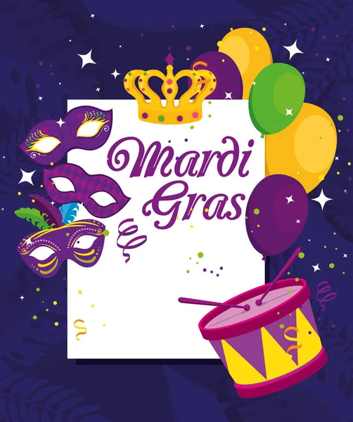 Mardi gras masks balloons crown and drum vector design — 스톡 벡터