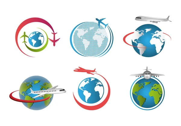 Serie di aeroplani che volano intorno al mondo — Vettoriale Stock