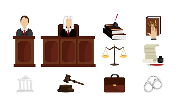 Soubor právních předpisů a ikon soudnictví — Stockový vektor