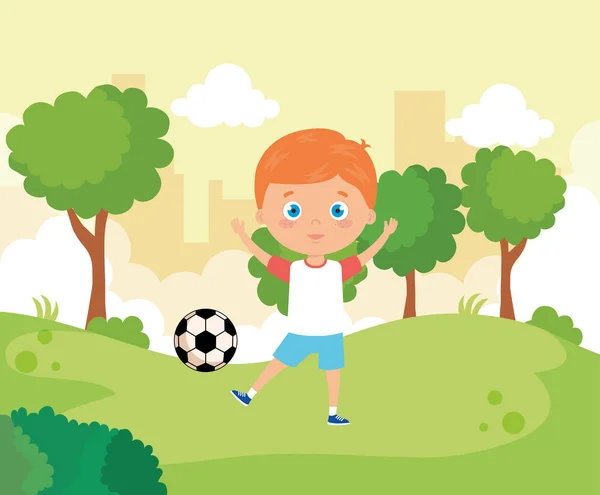 Cute boy in park with soccer ball — 스톡 벡터
