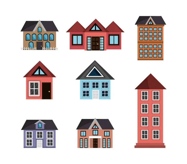 Conjunto de edificios y casas — Vector de stock