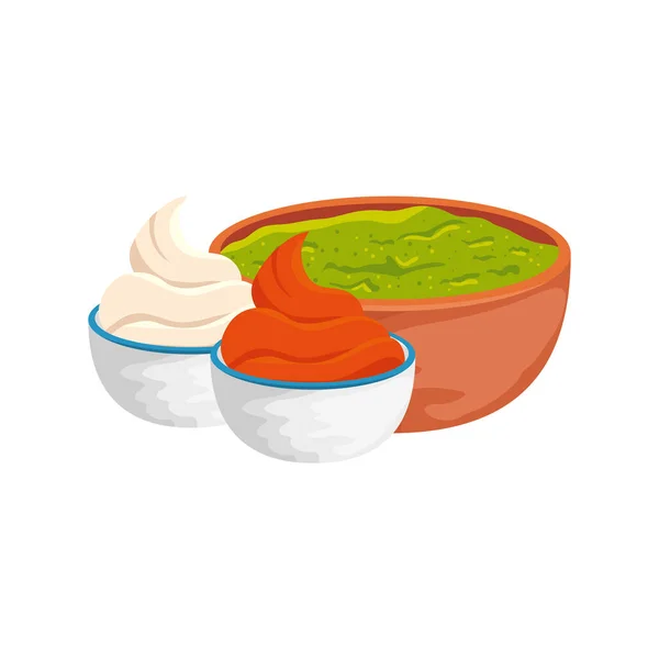 Bowl with delicious guacamole and sauces isolated icon — 스톡 벡터