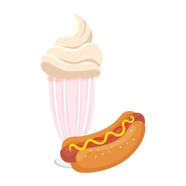 Delicioso cachorro-quente com ícone de fast food milkshake —  Vetores de Stock