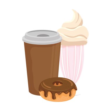 Donut ve milkshake ile plastik kapta nefis bir kahve.