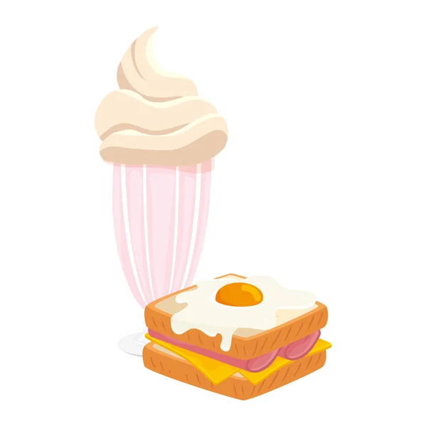 Läcker smörgås med ägg stekt och milkshake isolerad ikon — Stock vektor