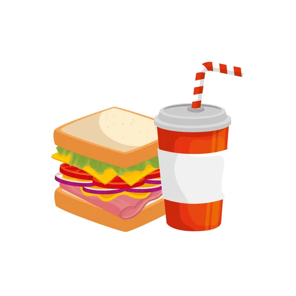 Delicioso sándwich y bebida icono aislado de alimentos — Vector de stock