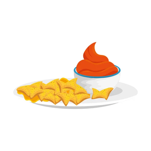 Deliciosos nachos con salsa icono aislado — Vector de stock