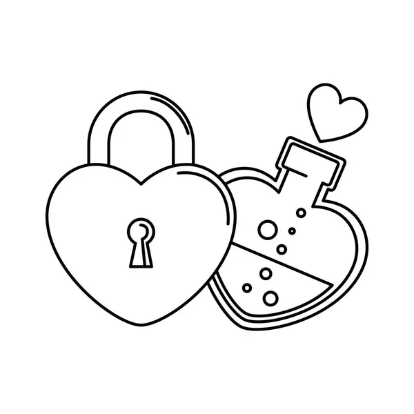 Silhouette of bottle with heart shaped and padlock — 스톡 벡터