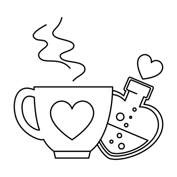 Silhueta de garrafa com forma de coração e café xícara — Vetor de Stock