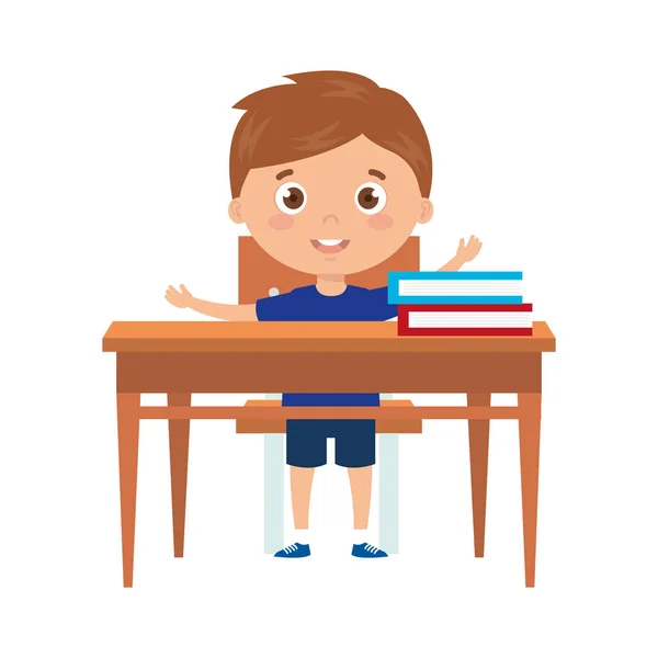 Estudiante niño sentado en escritorio de la escuela sobre fondo blanco — Vector de stock