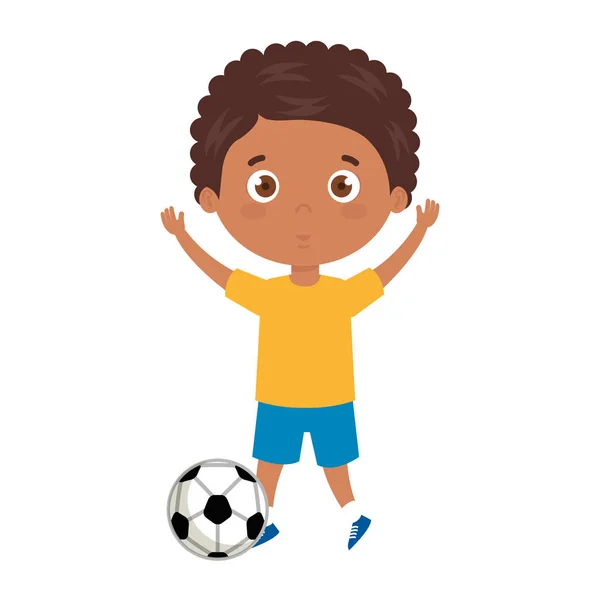 Söt pojke spelar med fotboll boll på vit bakgrund — Stock vektor