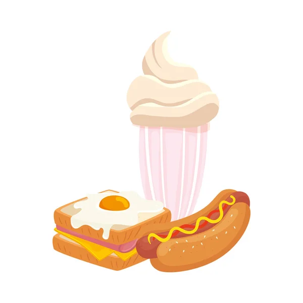 Läcker smörgås med milkshake och varmkorv isolerad ikon — Stock vektor