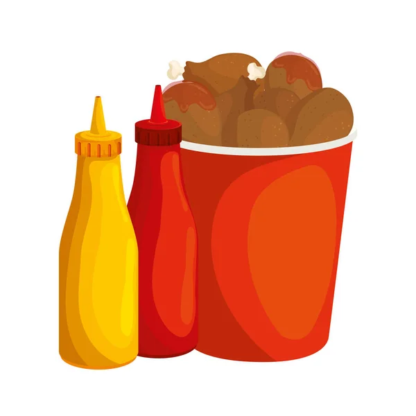 Set of chicken food in container with bottles sauces isolated icon — 스톡 벡터