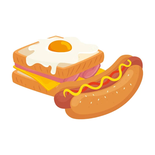 Délicieux sandwich avec oeuf frit et hot dog icône isolée — Image vectorielle