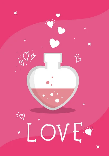 Fragancia con botella de corazón y letras de amor icono aislado — Vector de stock