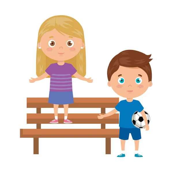 Children with playing with soccer ball on park chair — Stock Vector